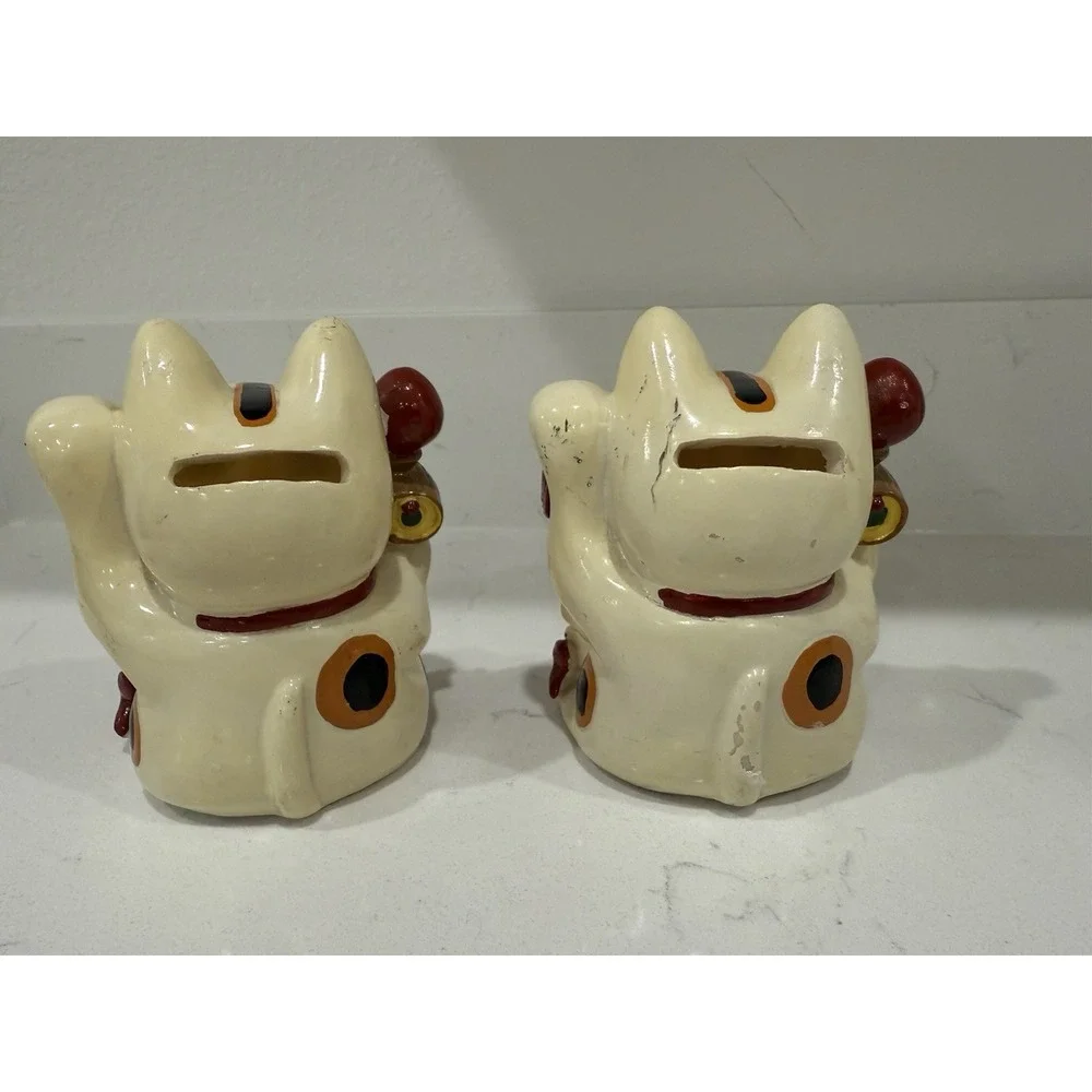Lot Of 2 Japanese Maneki Neko Lucky Cat Coin Bank Koneko Ceramic 4